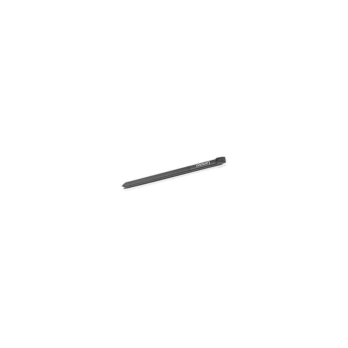 Ein schwarzer Lenovo Eingabestift liegt schräg vor weißem Hintergrund.