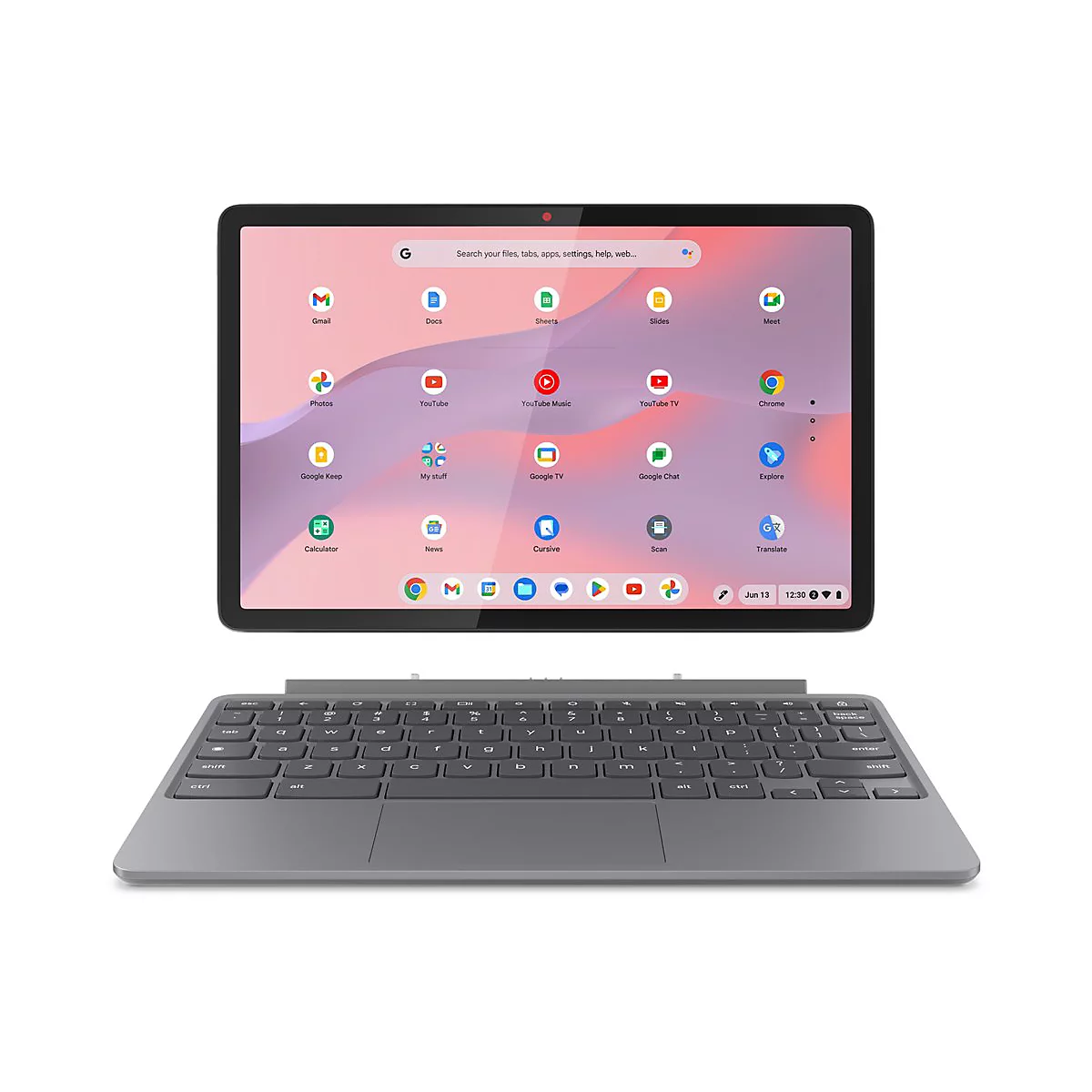 Ein graues Tablet mit angeschlossener Tastatur, der Bildschirm zeigt App-Symbole. Das Tablet ist vor weißem Hintergrund.