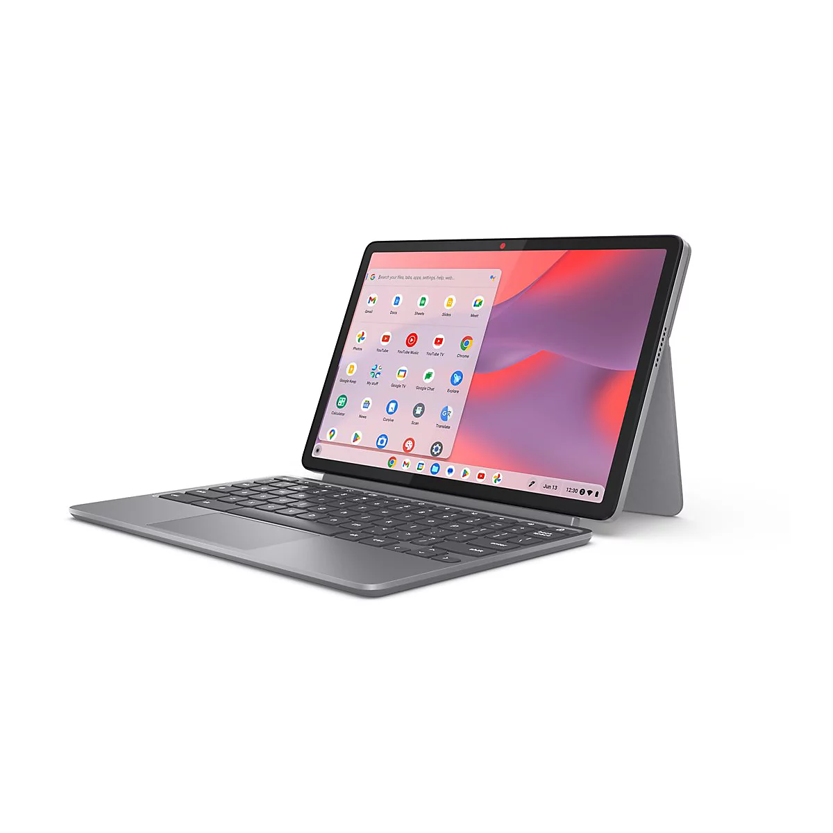 Graues Tablet mit Tastatur, Bildschirm zeigt Apps. Aufsteller hinten. Auf dem Bildschirm sind Google-Apps abgebildet.