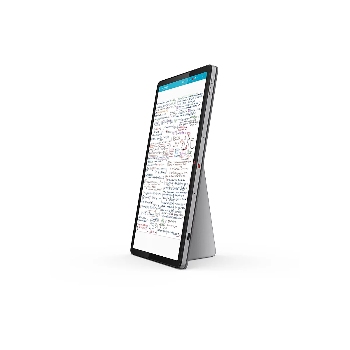 Tablet im Hochformat auf einem Ständer mit mathematischen handschriftlichen Notizen auf dem Bildschirm.