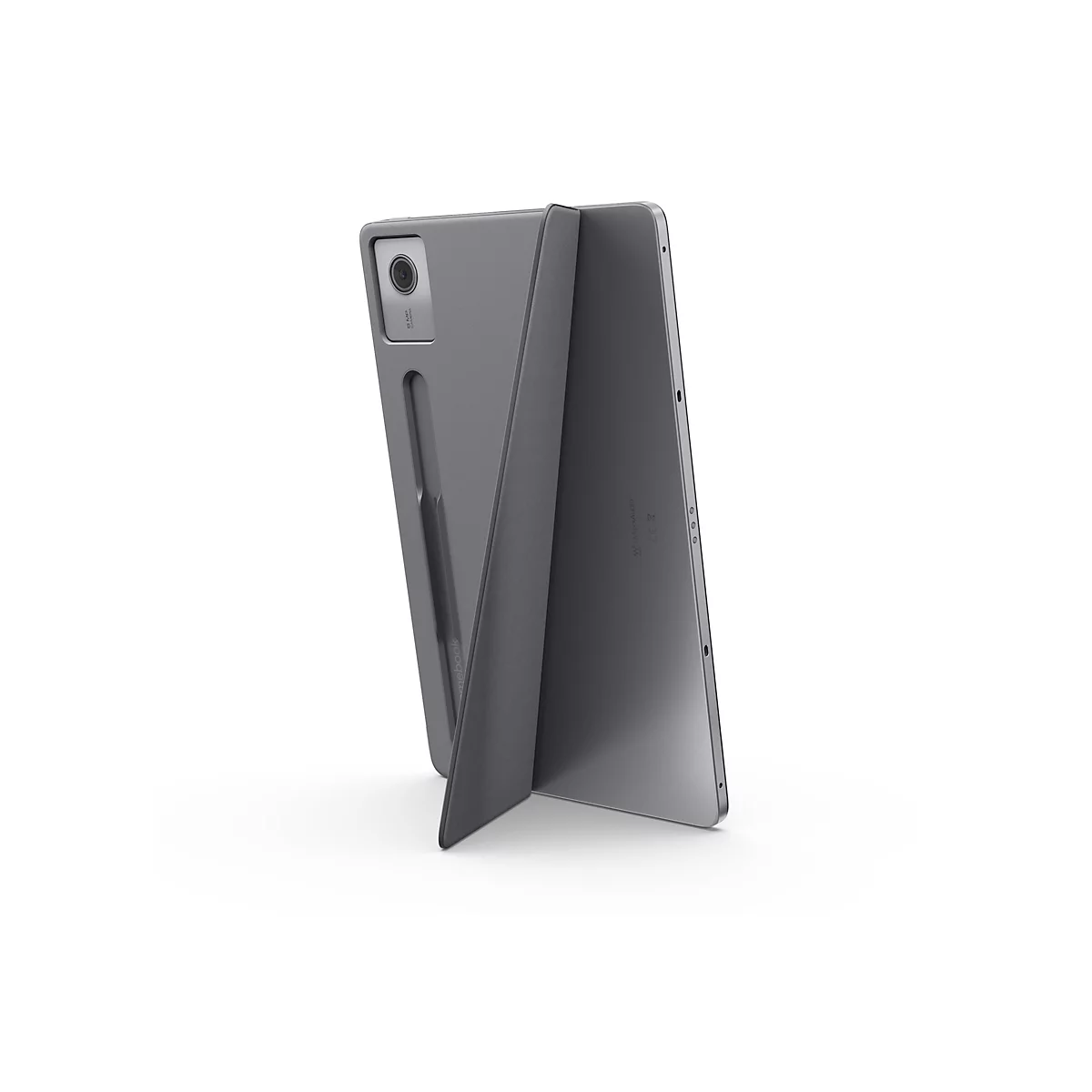 Graues Tablet mit Schutzhülle und integriertem Stiftfach steht in leicht geneigter Position auf weißem Grund.