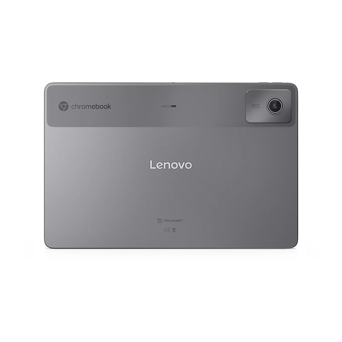 Graues Lenovo Chromebook-Tablet, Rückseite. Logo, Kamera, Text: Lenovo, MaxxAudio.