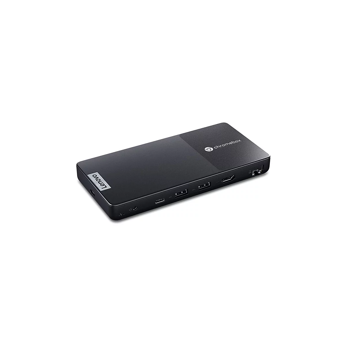 Schwarzer Lenovo Chromebox-Computer. Auf der Oberseite steht "chromebox". Logo "Lenovo". Mehrere Anschlüsse auf der Seite.