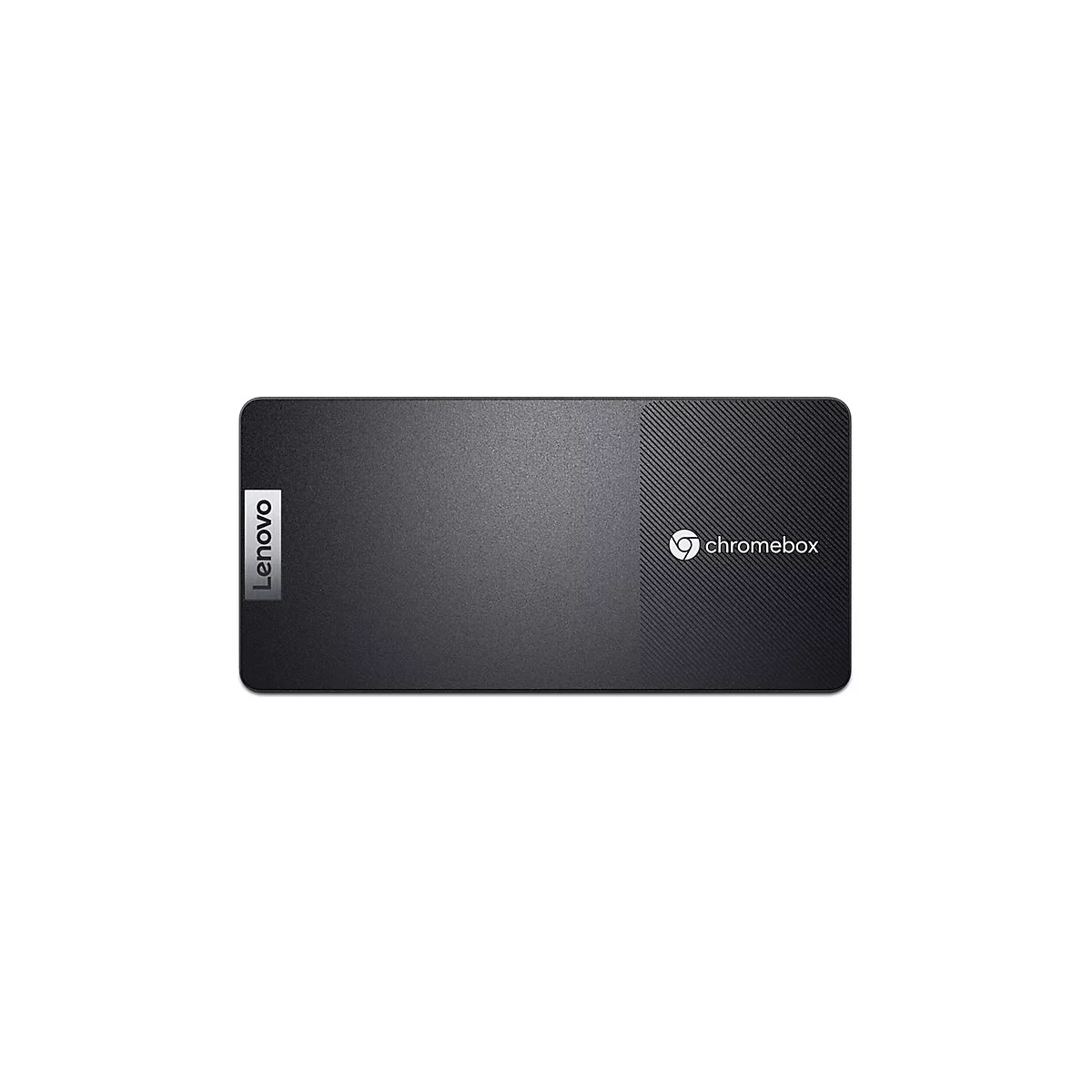Schwarzer Lenovo Chromebox-Mini-Computer. Mit Logo Lenovo und Chrome.