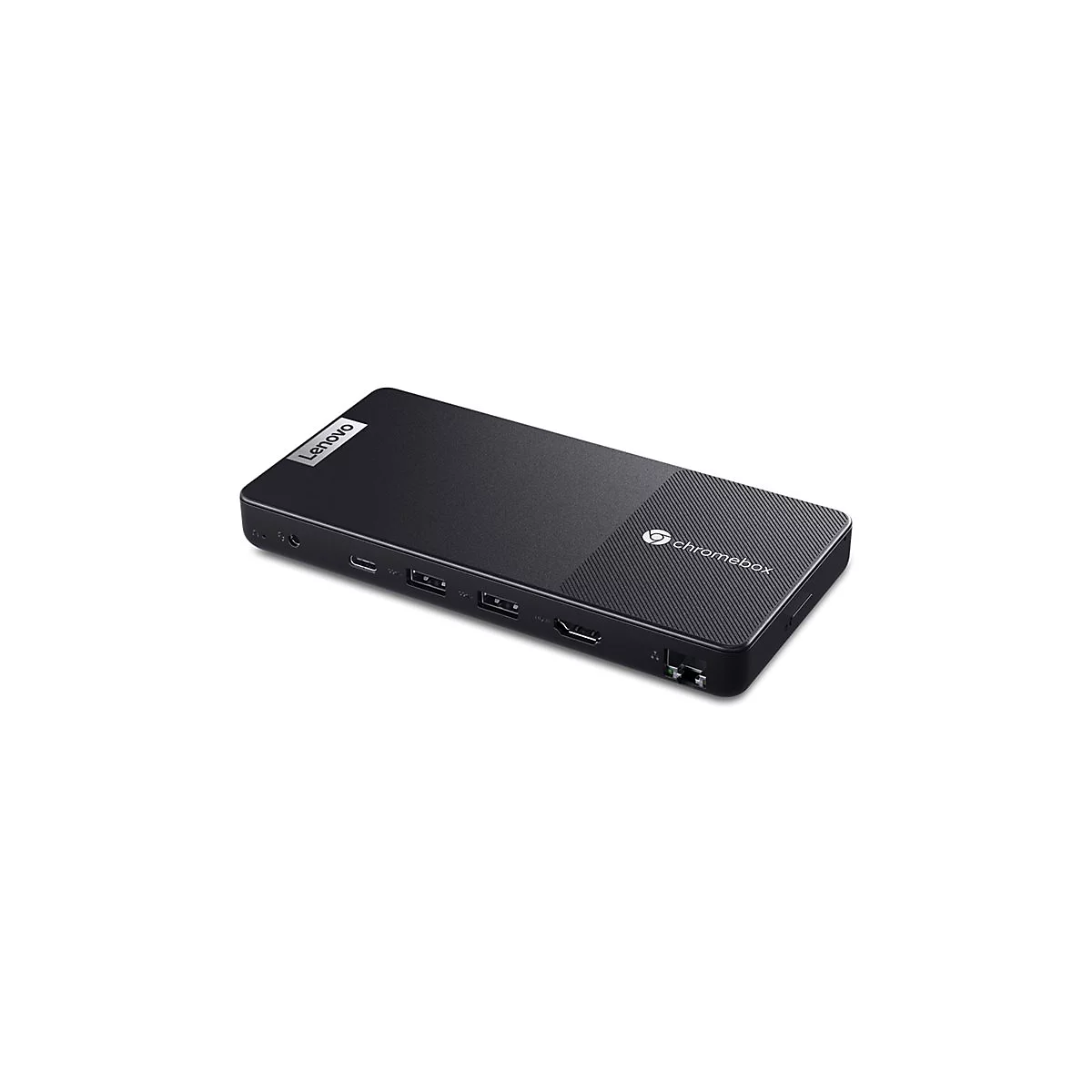 Schwarzer Lenovo Chromebox-Mini-PC. Oben links Lenovo-Logo. Unten diverse Anschlüsse. Rechts 'chromebox'.