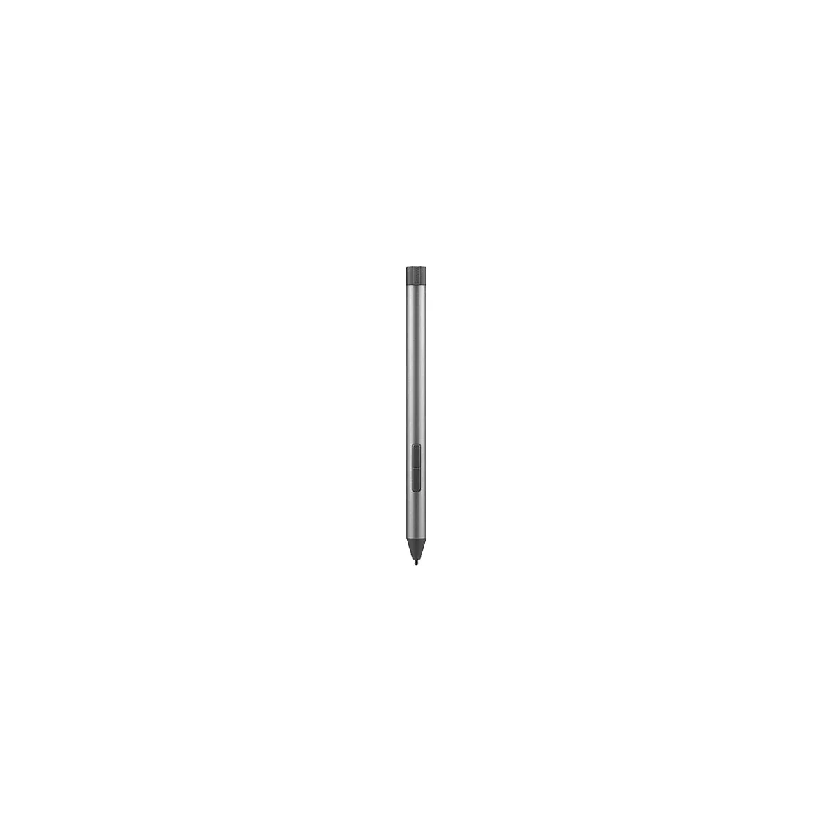 Ein schlanker, grauer Eingabestift für Tablets, senkrecht vor weißem Hintergrund.