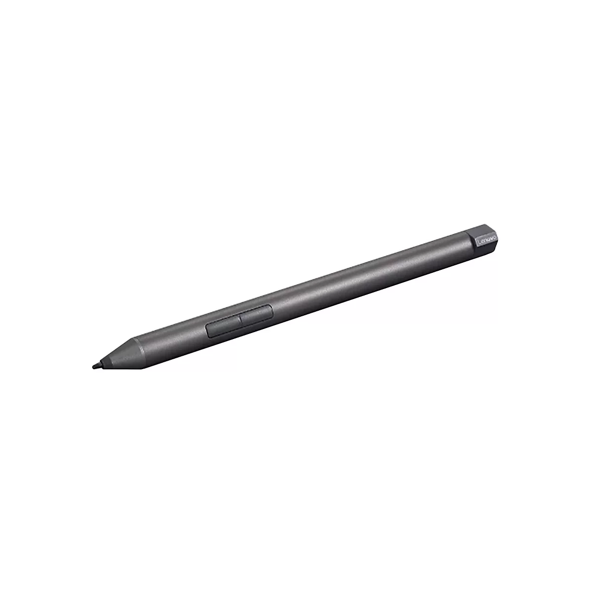 Ein grauer Lenovo-Eingabestift vor weißem Hintergrund mit zwei seitlichen Tasten.
