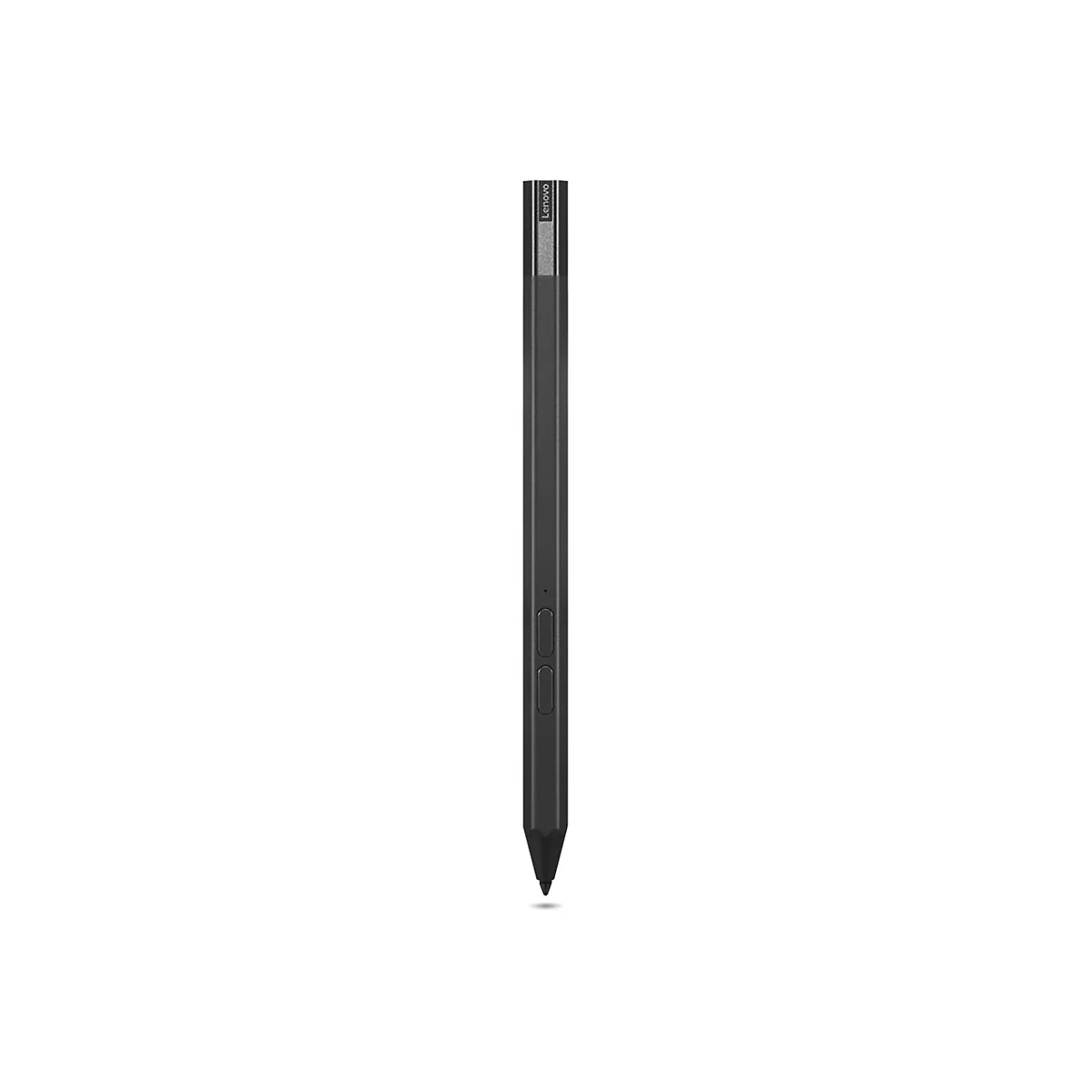 Schwarzer Lenovo-Stift. Schlanker, zylindrischer Stift mit zwei Knöpfen, Spitze und Lenovo-Logo.