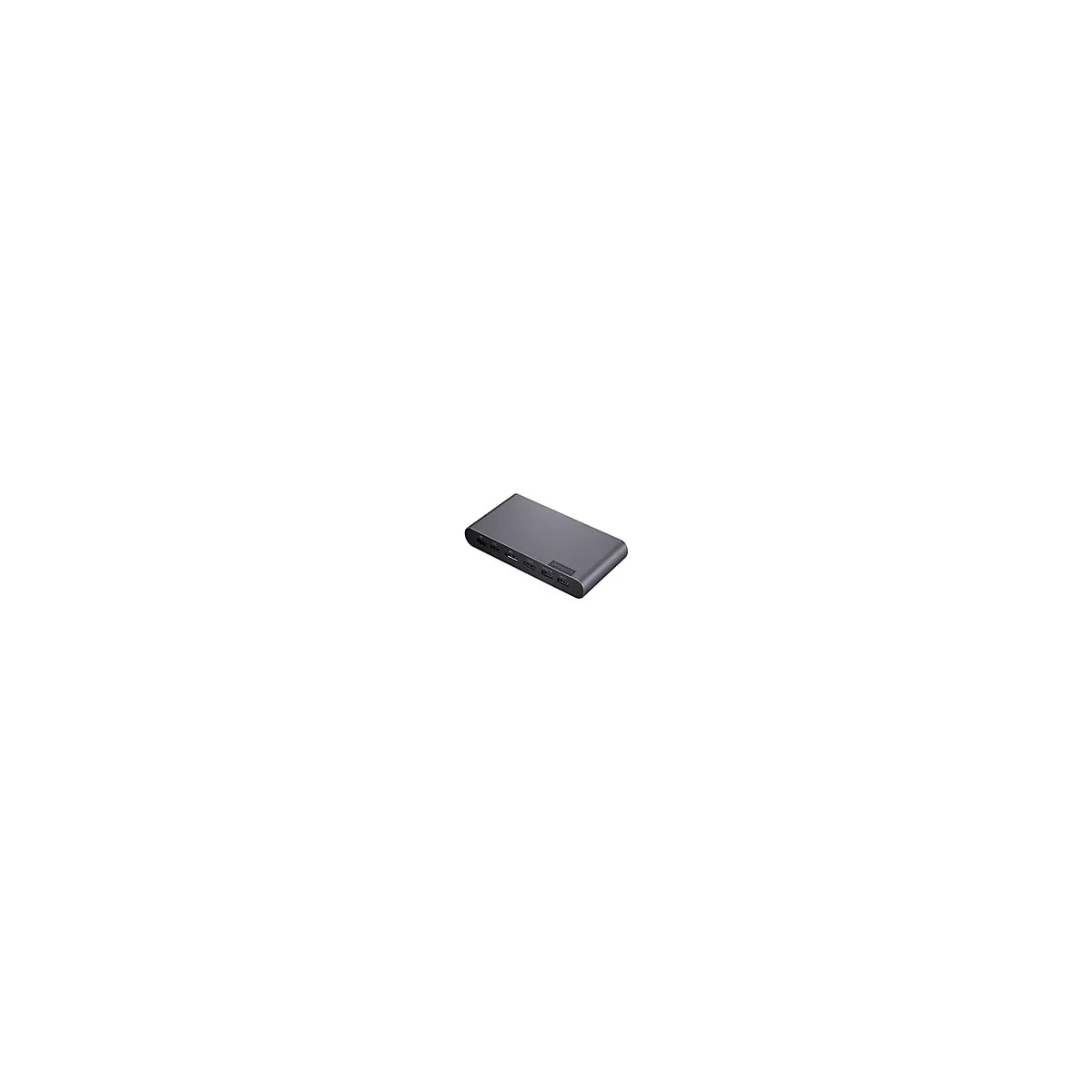 Grauer Laptop-Hub mit verschiedenen AnschlÃ¼ssen.