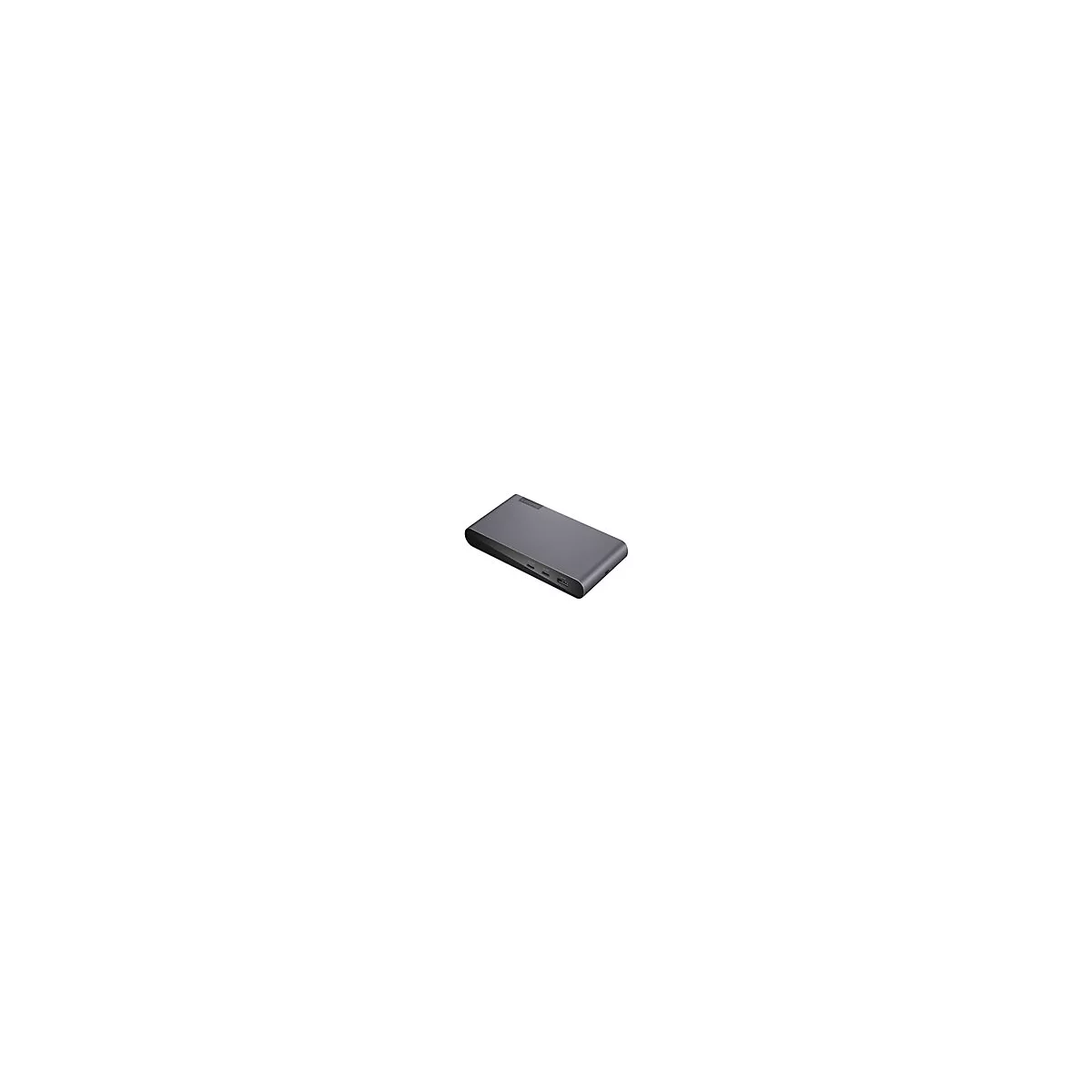 Dunkelgraue Powerbank mit abgerundeten Ecken und Logo, USB-AnschlÃ¼ssen und einer Ladeanzeige.