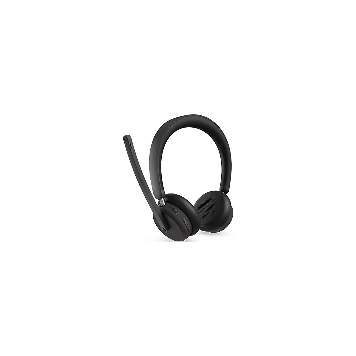 Casque noir avec microphone sur fond blanc.