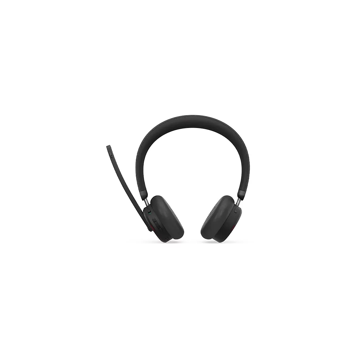 Casque supra-auriculaire noir avec bras de microphone, sur fond blanc.