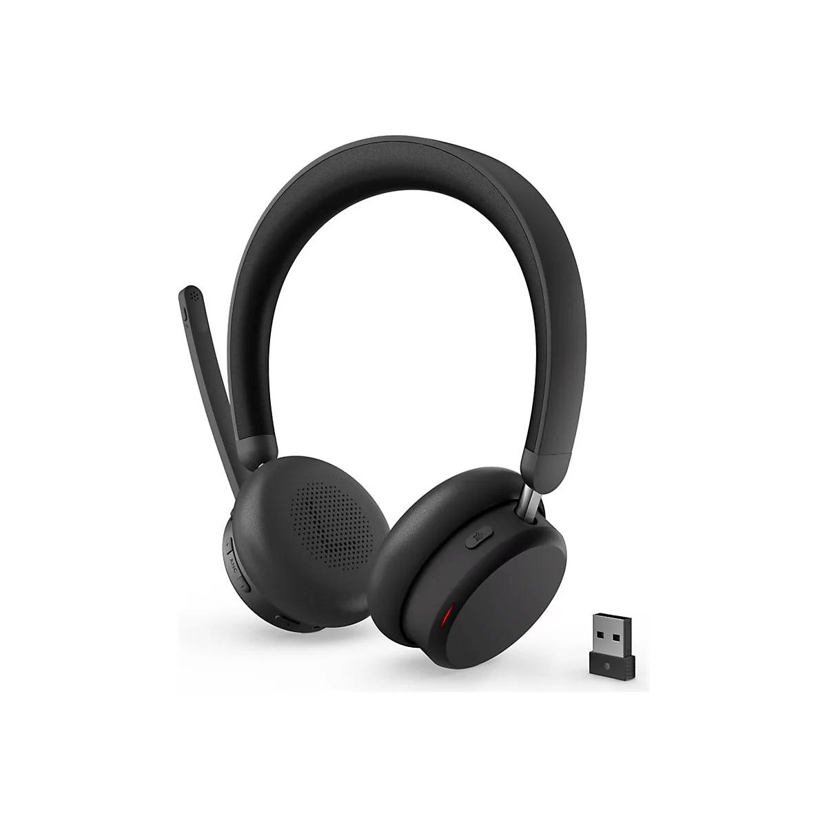 Casque supra-auriculaire noir avec microphone et dongle USB. Il y a des boutons sur l'oreillette.