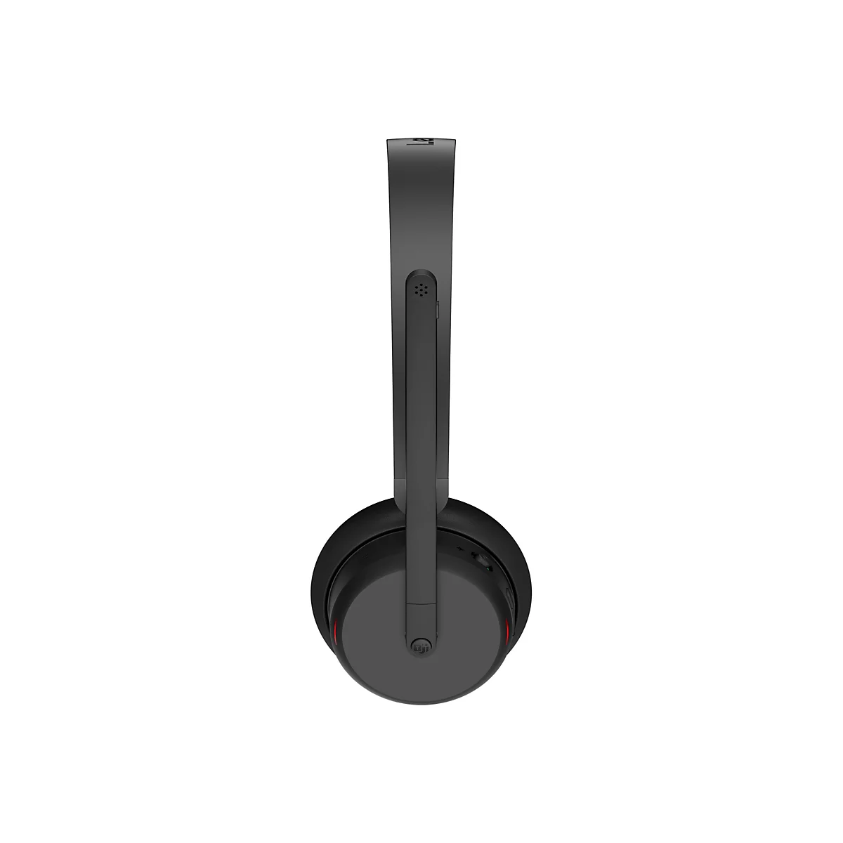 Casque gris foncé de profil, avec l'arceau vers le haut. Des détails tels que les ouvertures du microphone et les boutons de commande sont visibles.