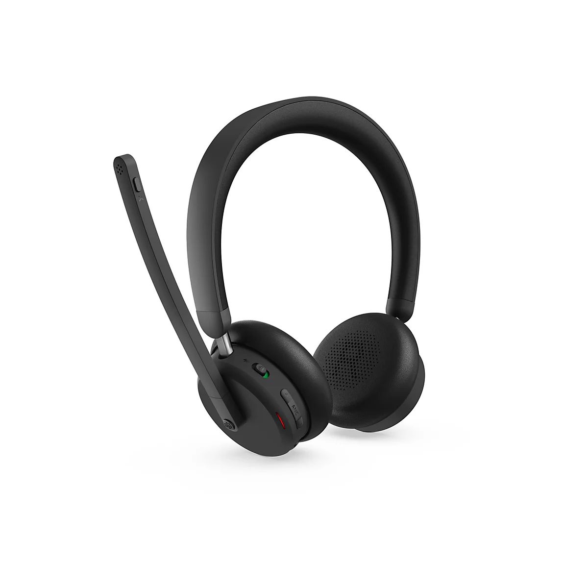 Casque noir avec microphone sur fond blanc. Le casque a un design circulaire et un microphone réglable.