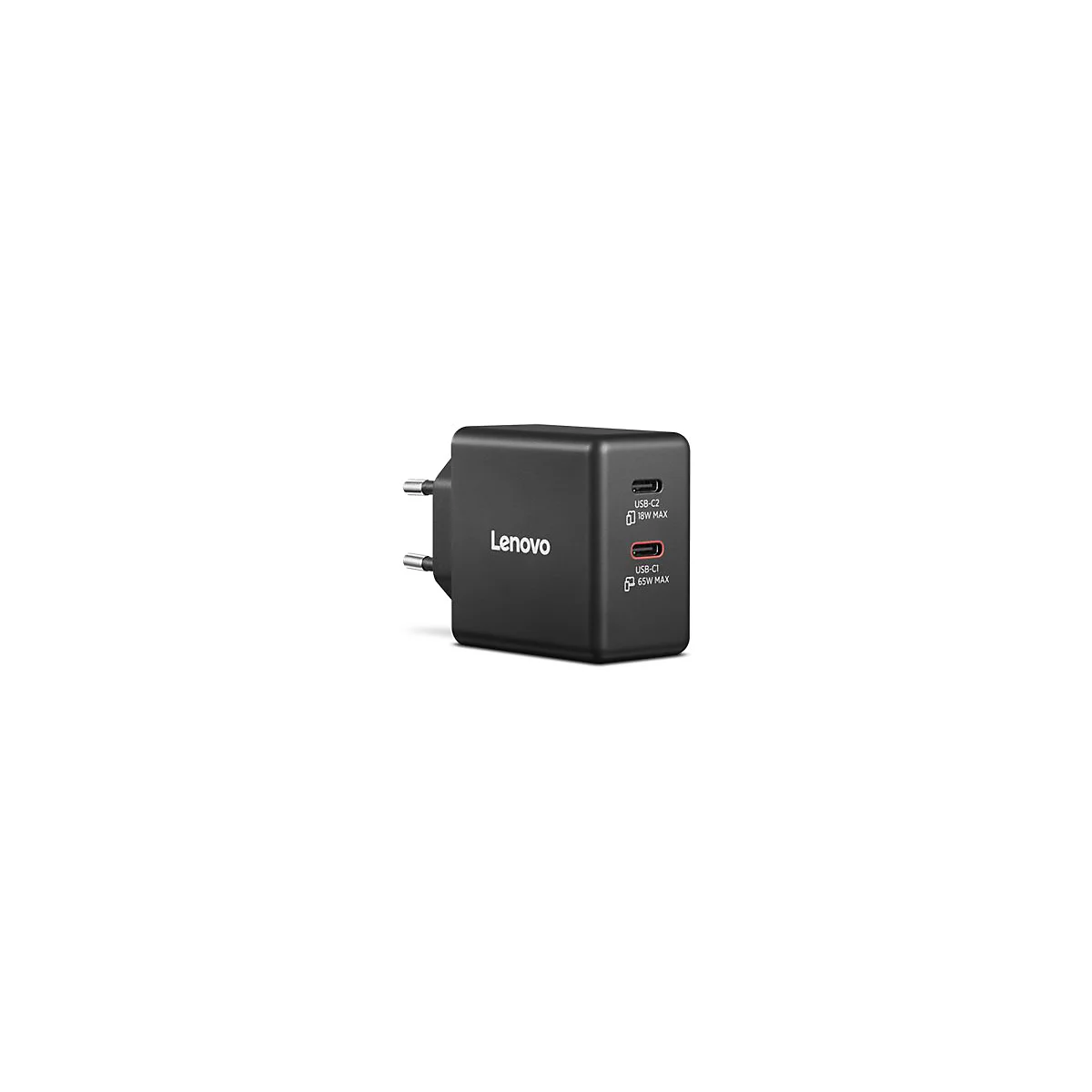 Schwarzes Lenovo-Ladegerät mit USB-C-Anschlüssen. Aufschrift: USB-C2 18W MAX und USB-C1 65W MAX.