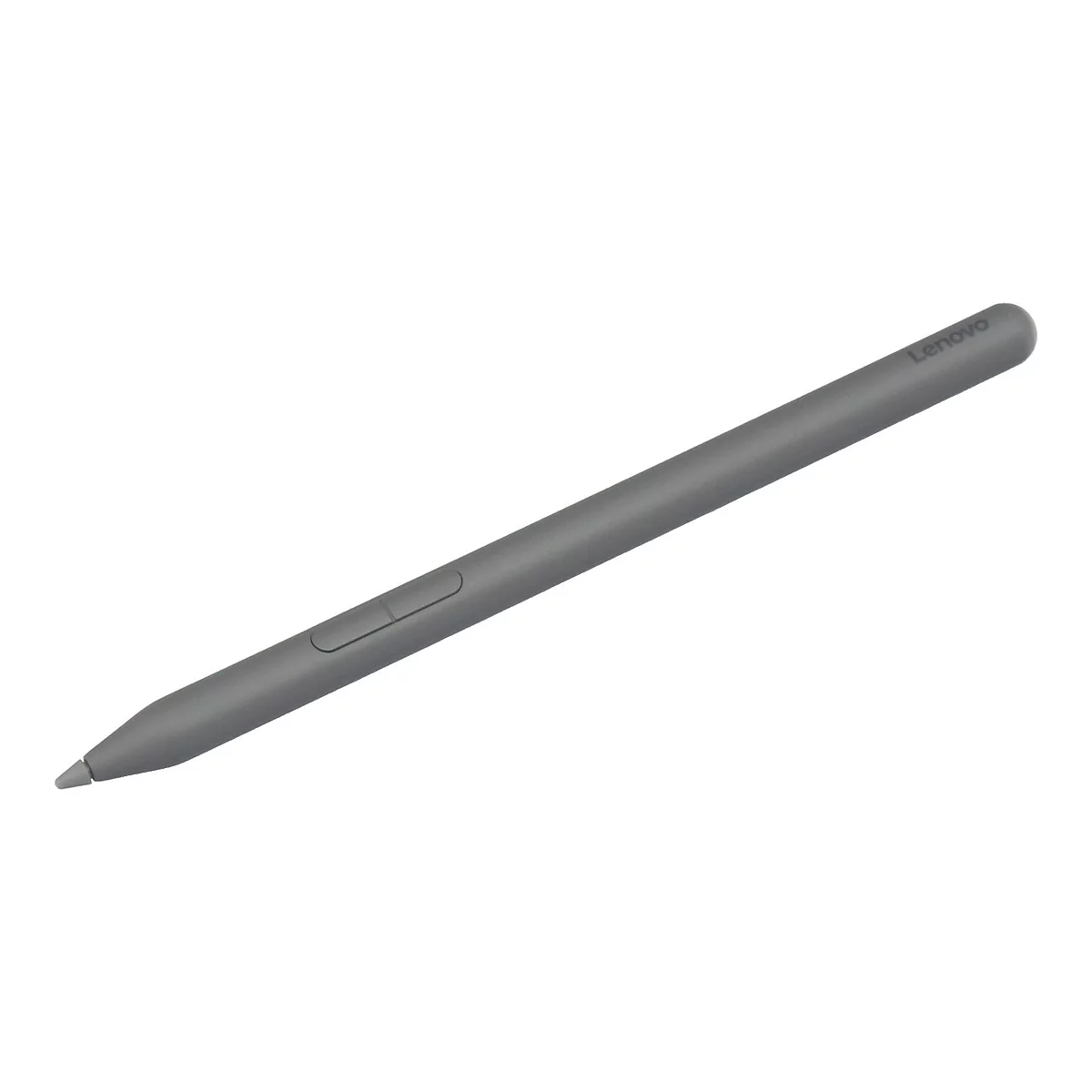 Stylet Lenovo gris, légèrement incliné, sur fond blanc. Lenovo est écrit en haut.