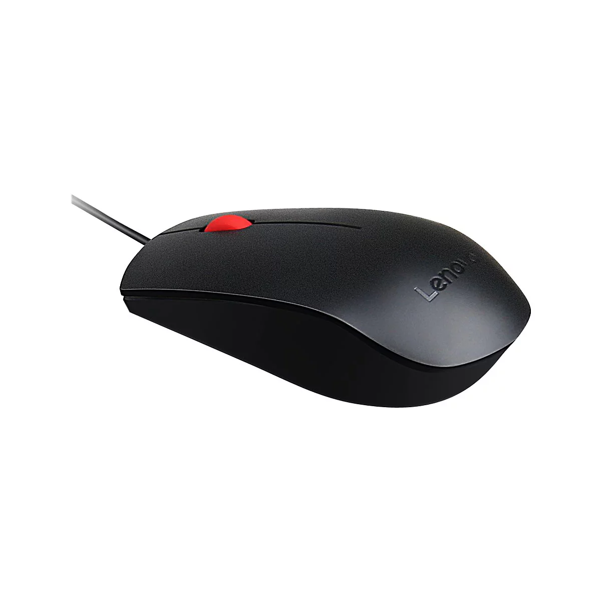 Schwarze Lenovo-Maus mit roter Maustaste und Kabel. Auf der Maus steht Lenovo.