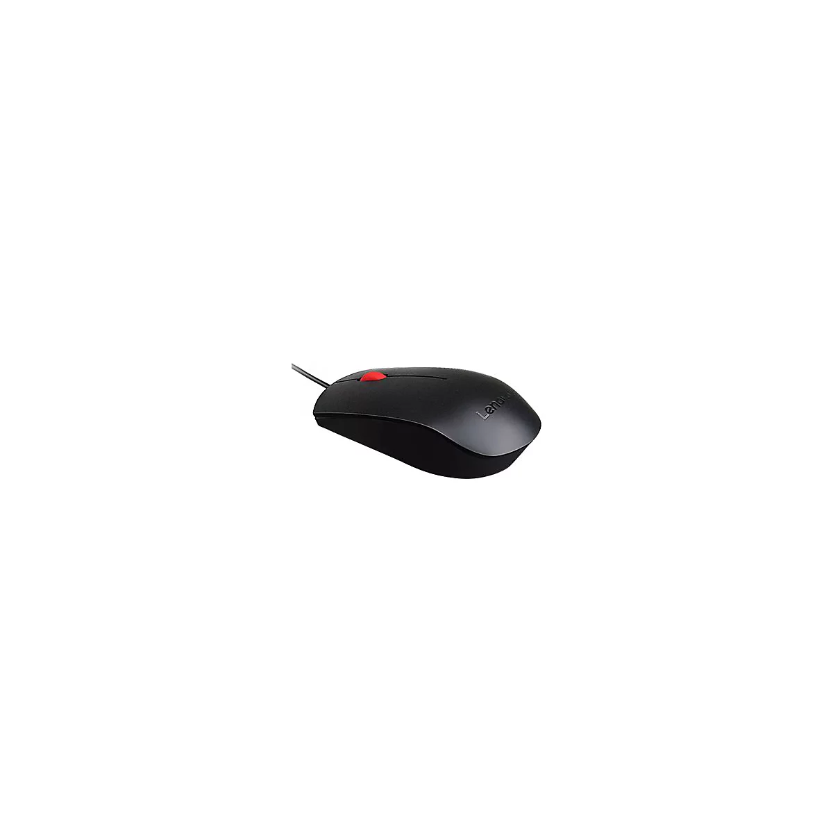 Schwarze Computermaus mit roter Scrollrad, Kabel. Auf der Oberseite steht Lenovo.