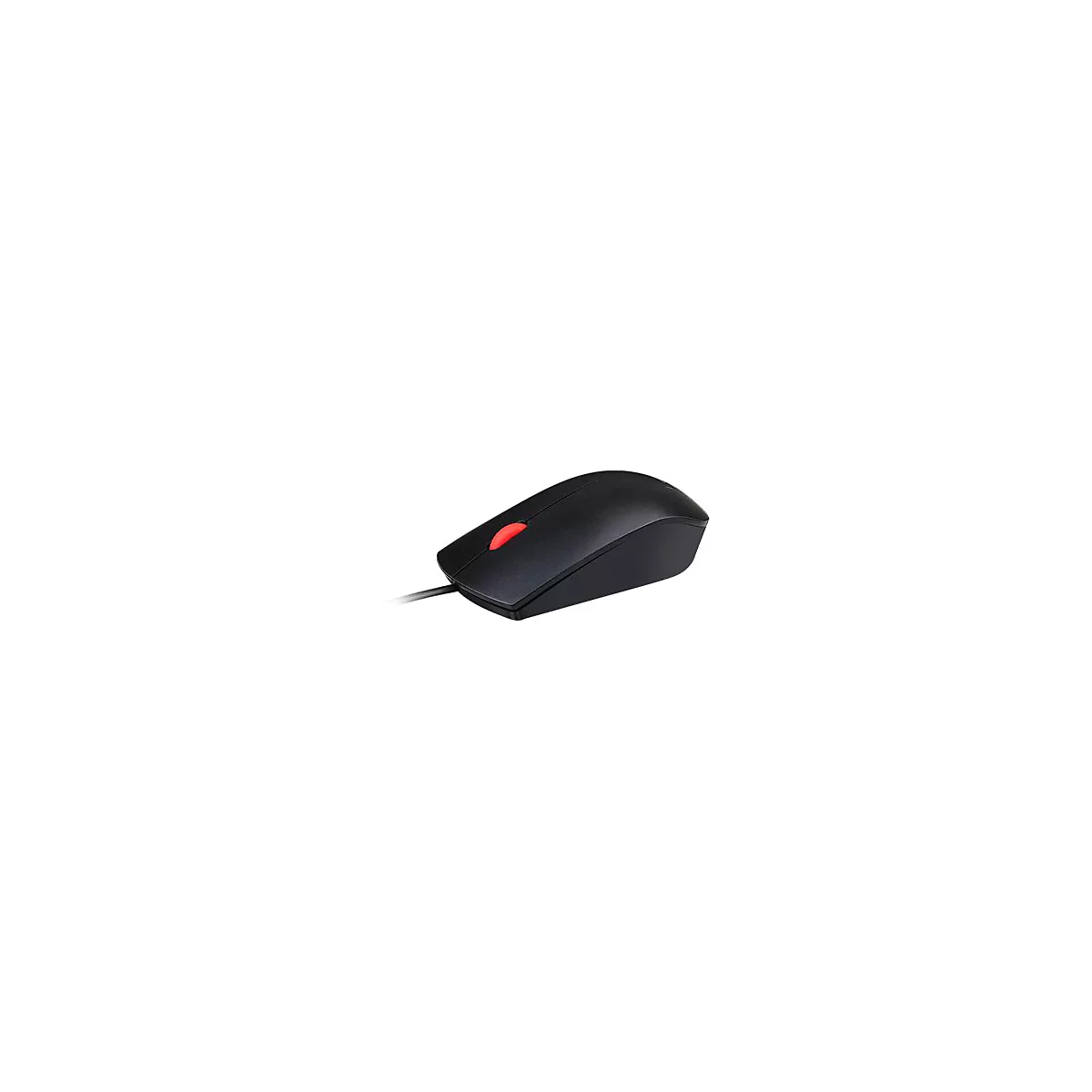 Schwarze Computermaus mit rotem Scrollrad. Die Maus hat ein Kabel.