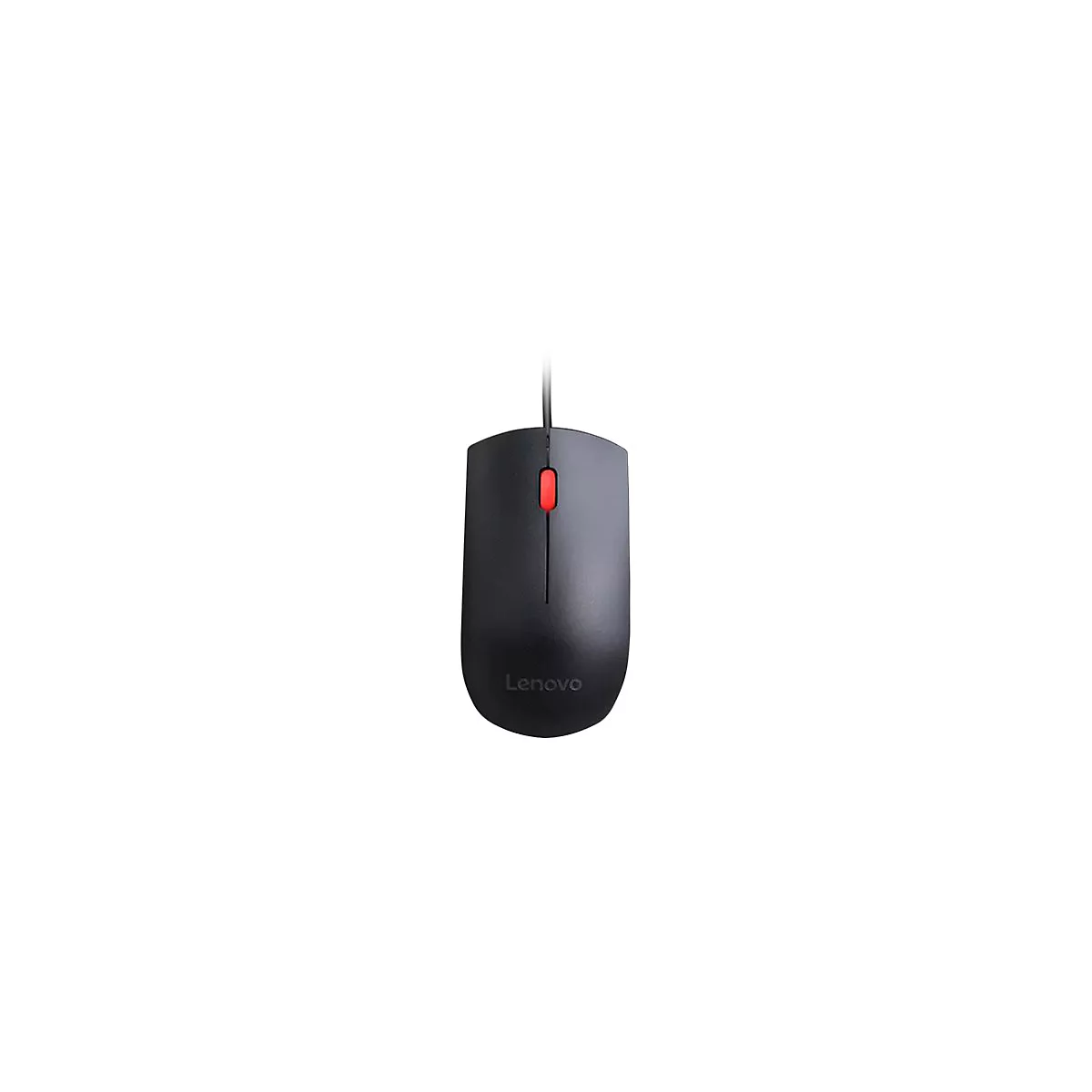 Schwarze Lenovo-Maus mit rotem Scrollrad und Kabel.