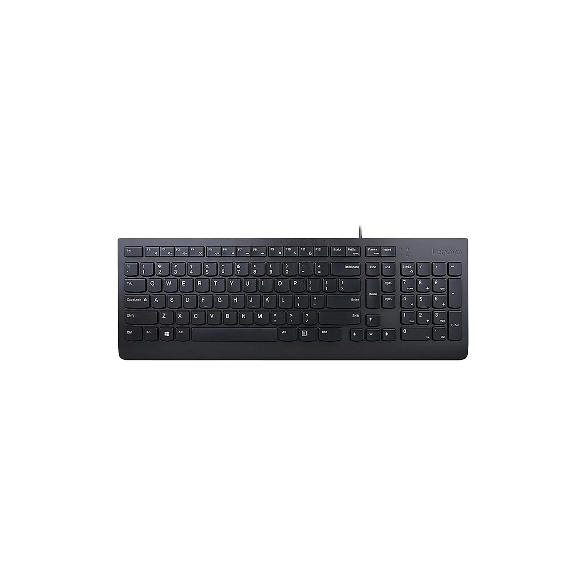 Schwarze Lenovo-Tastatur in Draufsicht mit vollständigem Tastenfeld vor weißem Hintergrund.
