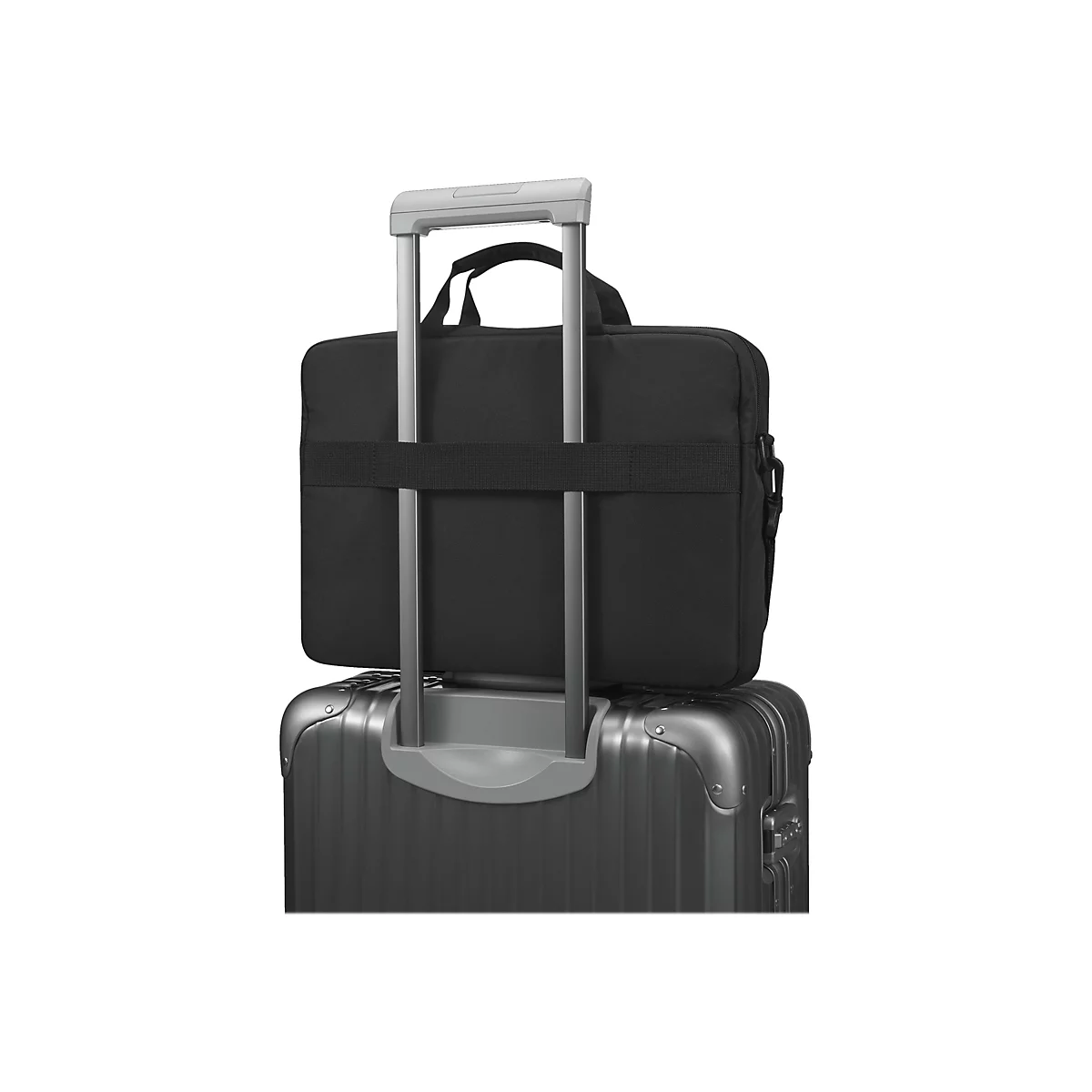 Sacoche d'ordinateur portable noire sur une valise grise, avec poignée déployée.