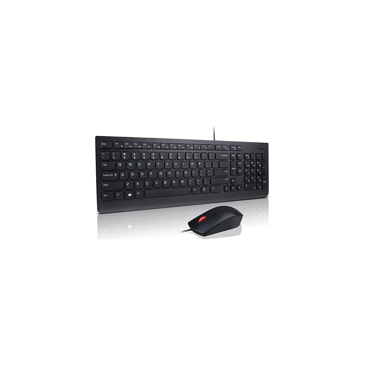 Schwarze Lenovo-Tastatur und -Maus auf weißem Hintergrund. Die Maus hat ein rotes Scrollrad.