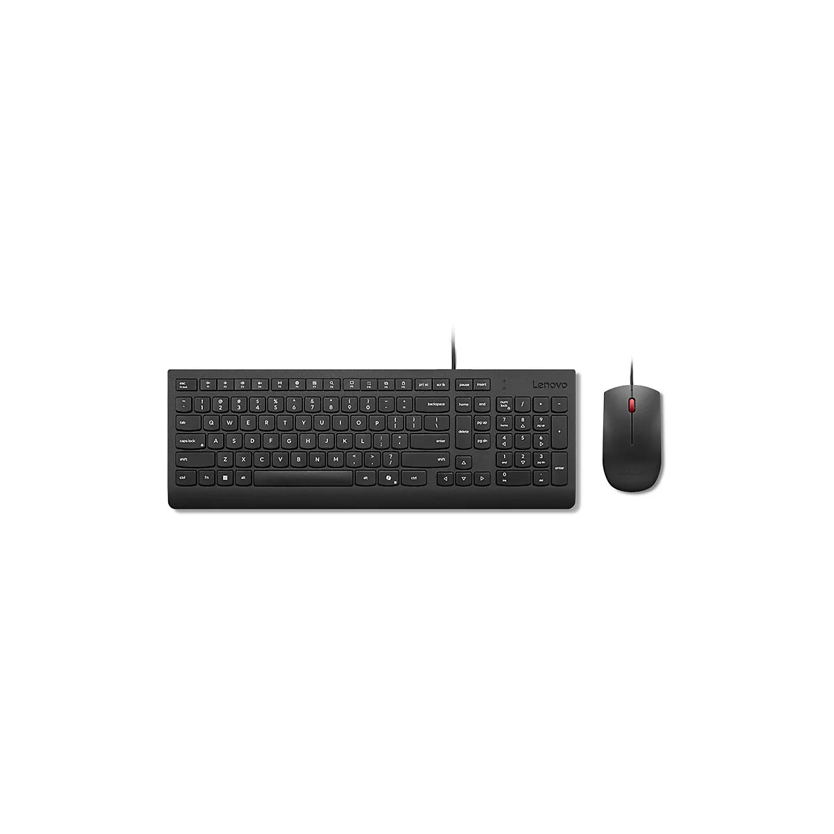 Schwarzes kabelgebundenes Lenovo Tastatur- und Maus-Set vor weißem Hintergrund.