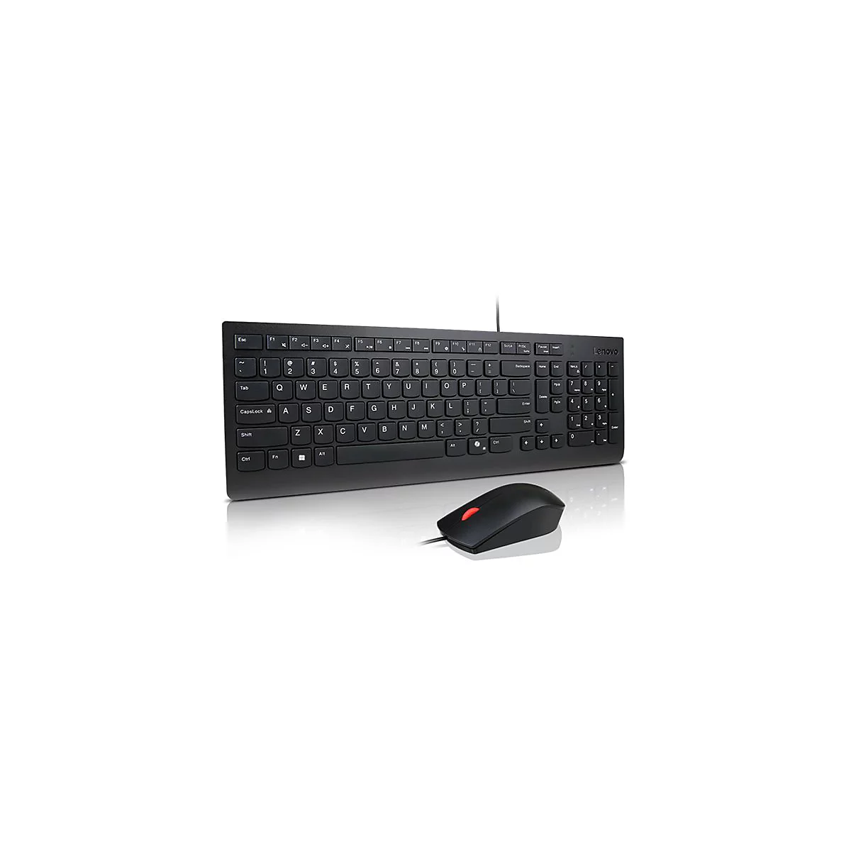 Schwarzes kabelgebundenes Lenovo Tastatur-Maus-Set vor weißem Hintergrund mit Reflexion.
