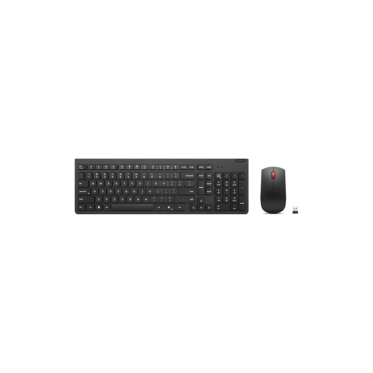 Schwarzes kabelloses Tastatur- und Maus-Set von Lenovo auf weißem Hintergrund.