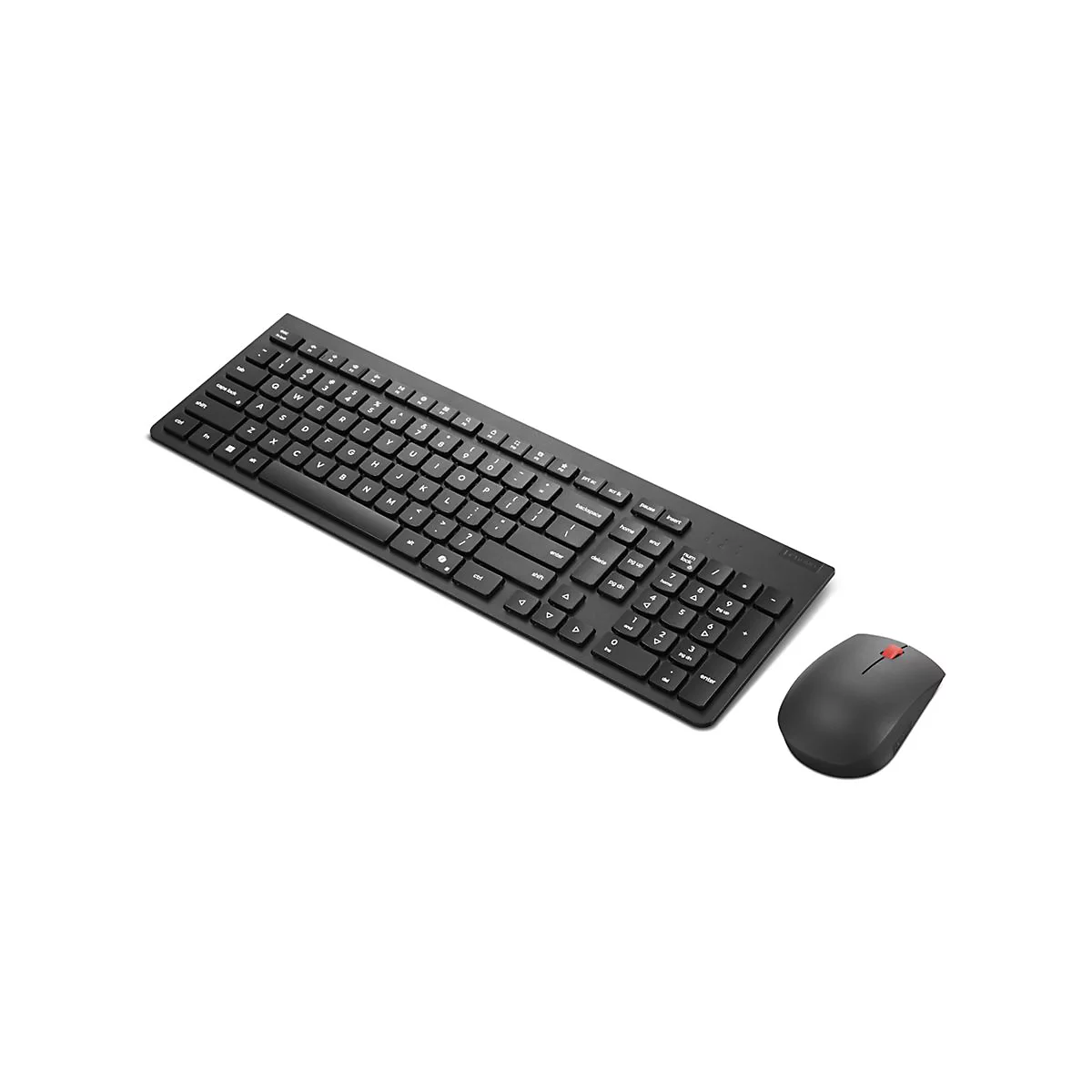 Schwarze Tastatur und Maus auf weißem Grund. Die Maus hat einen roten Scrollrad-Knopf.