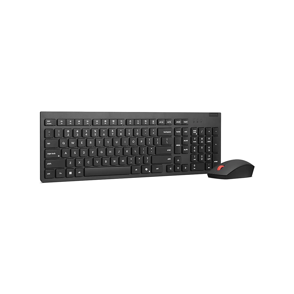 Schwarze Lenovo Tastatur und Maus auf weißem Grund. Tastatur mit Tasten und Maus mit rotem Scrollrad.