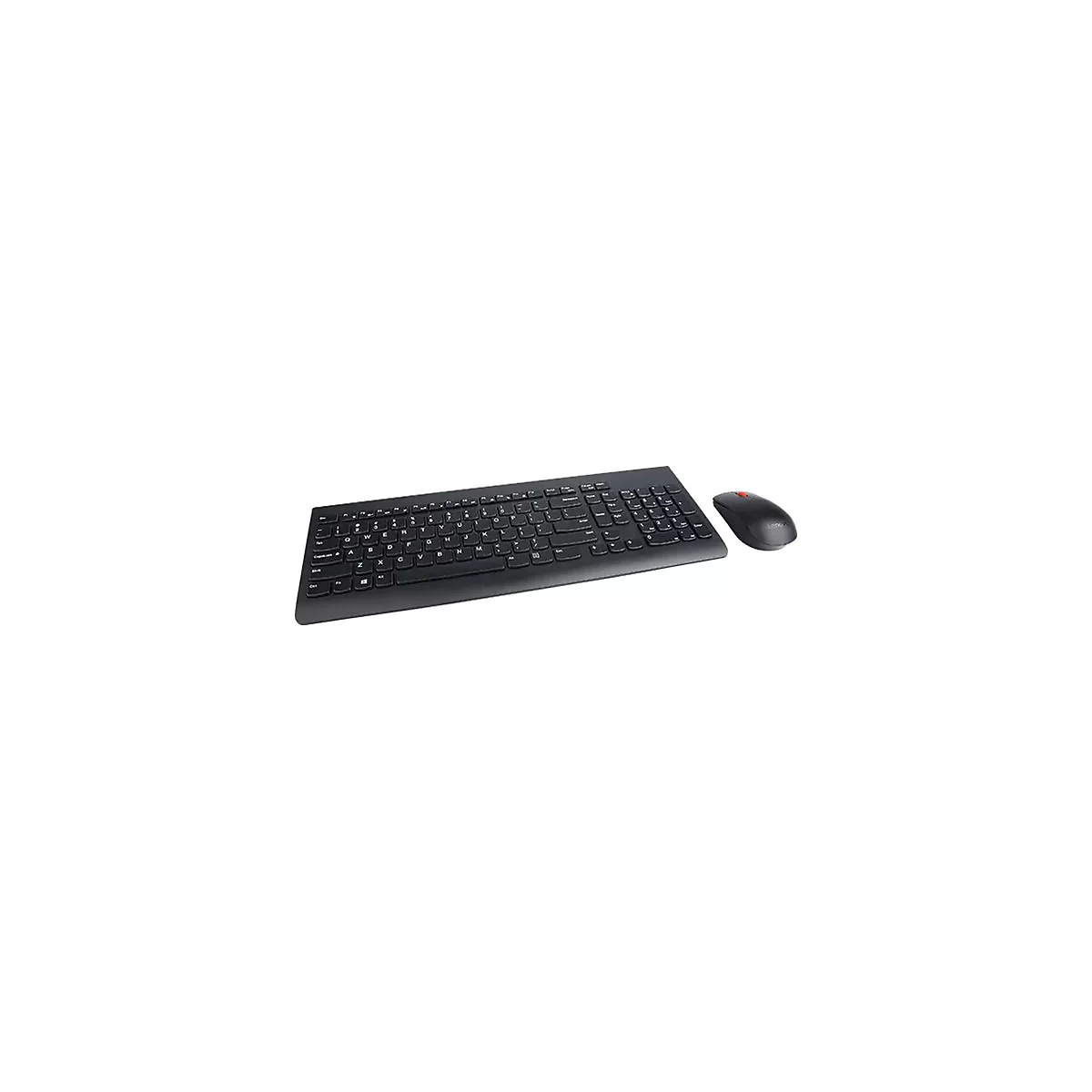 Schwarzes, kabelloses Tastatur- und Maus-Set von Lenovo auf weißem Hintergrund.