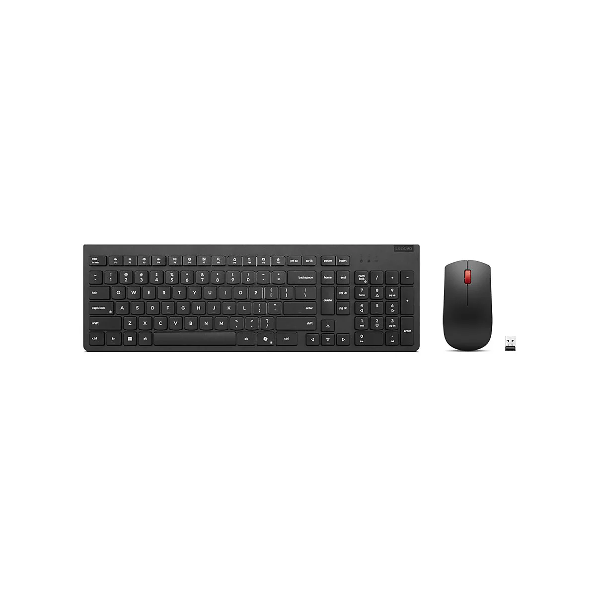 Schwarzes drahtloses Lenovo-Tastatur- und Maus-Set, Tastatur mit Tastenbeschriftung, Maus mit roter Taste, USB-Empfänger.