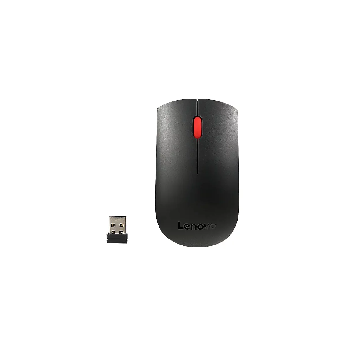 Schwarze Lenovo-Maus mit rotem Scrollrad und USB-Empfänger auf weißem Hintergrund.