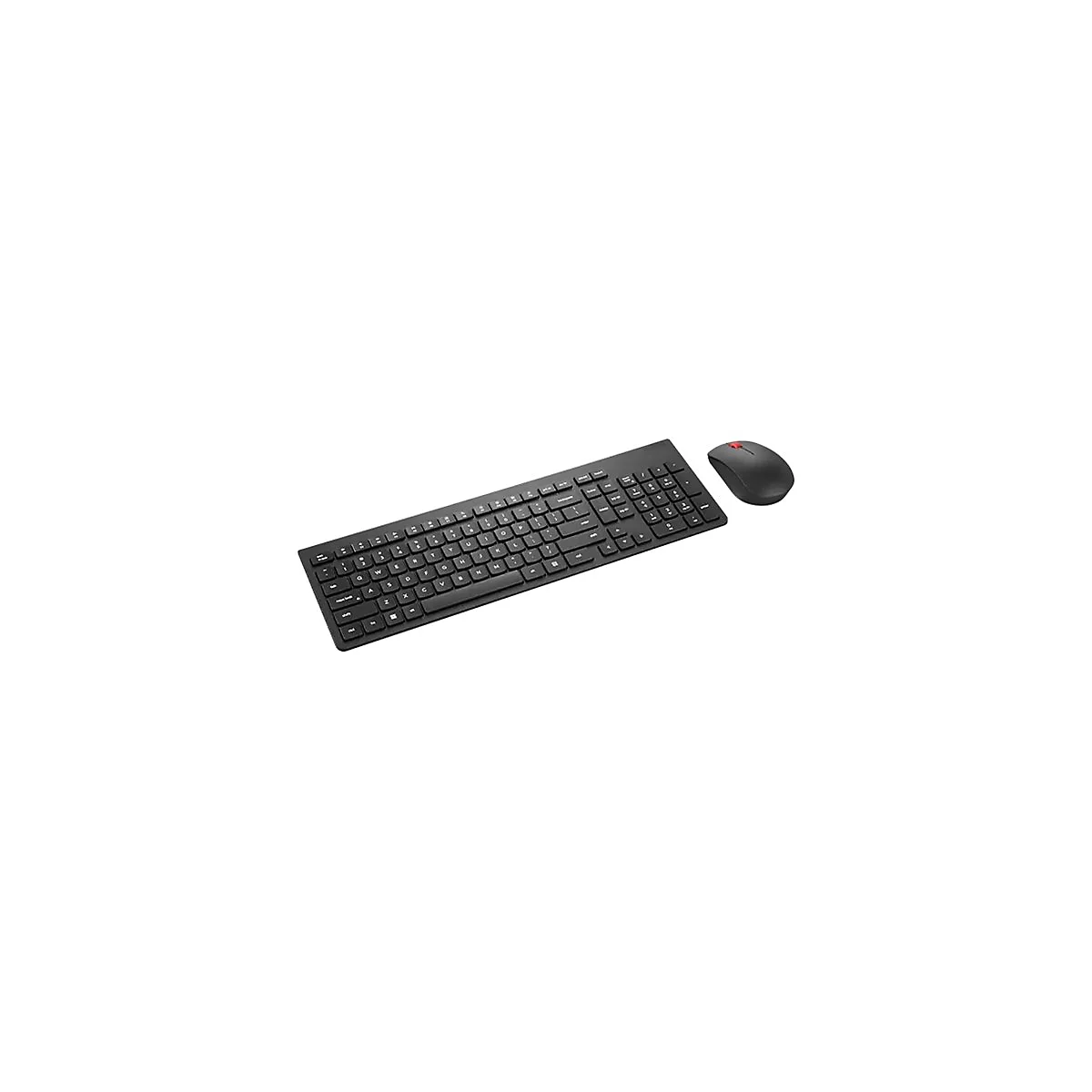 Schwarzes kabelloses Tastatur-Maus-Set. Die Tastatur ist rechteckig, die Maus oval.