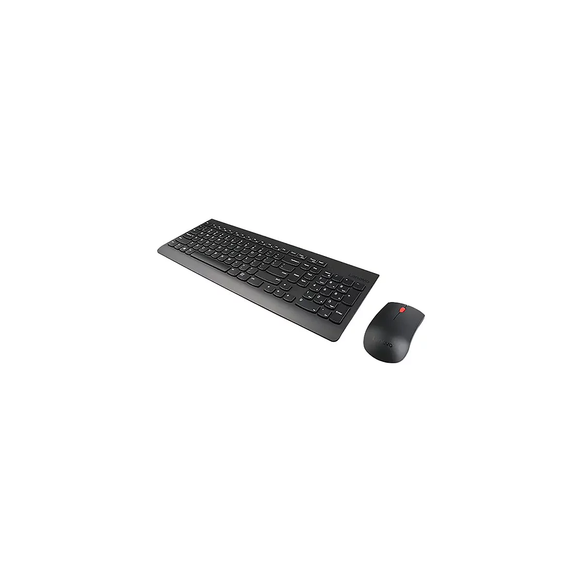 Schwarzes Lenovo-Tastatur- und Maus-Set. Die Tastatur liegt flach, die Maus daneben.