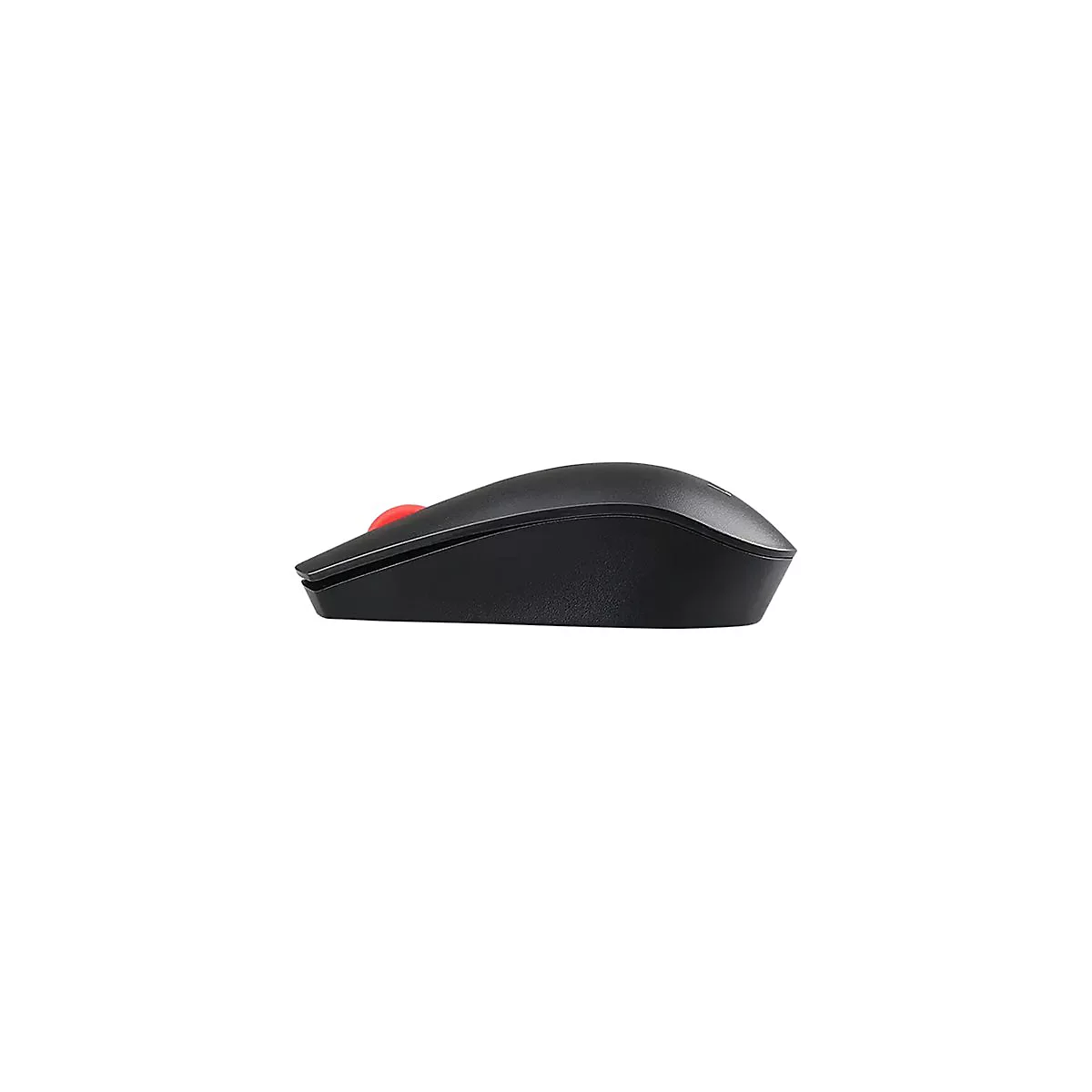 Schwarze Computermaus mit roter Taste, Seitenansicht. Auf weißem Hintergrund.