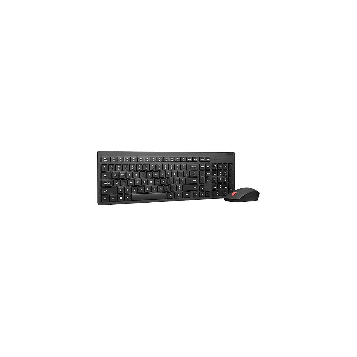 Schwarze Tastatur und Maus vor weißem Hintergrund. Die Tastatur hat weiße Buchstaben und Zahlen. Die Maus hat ein rotes Scrollrad.