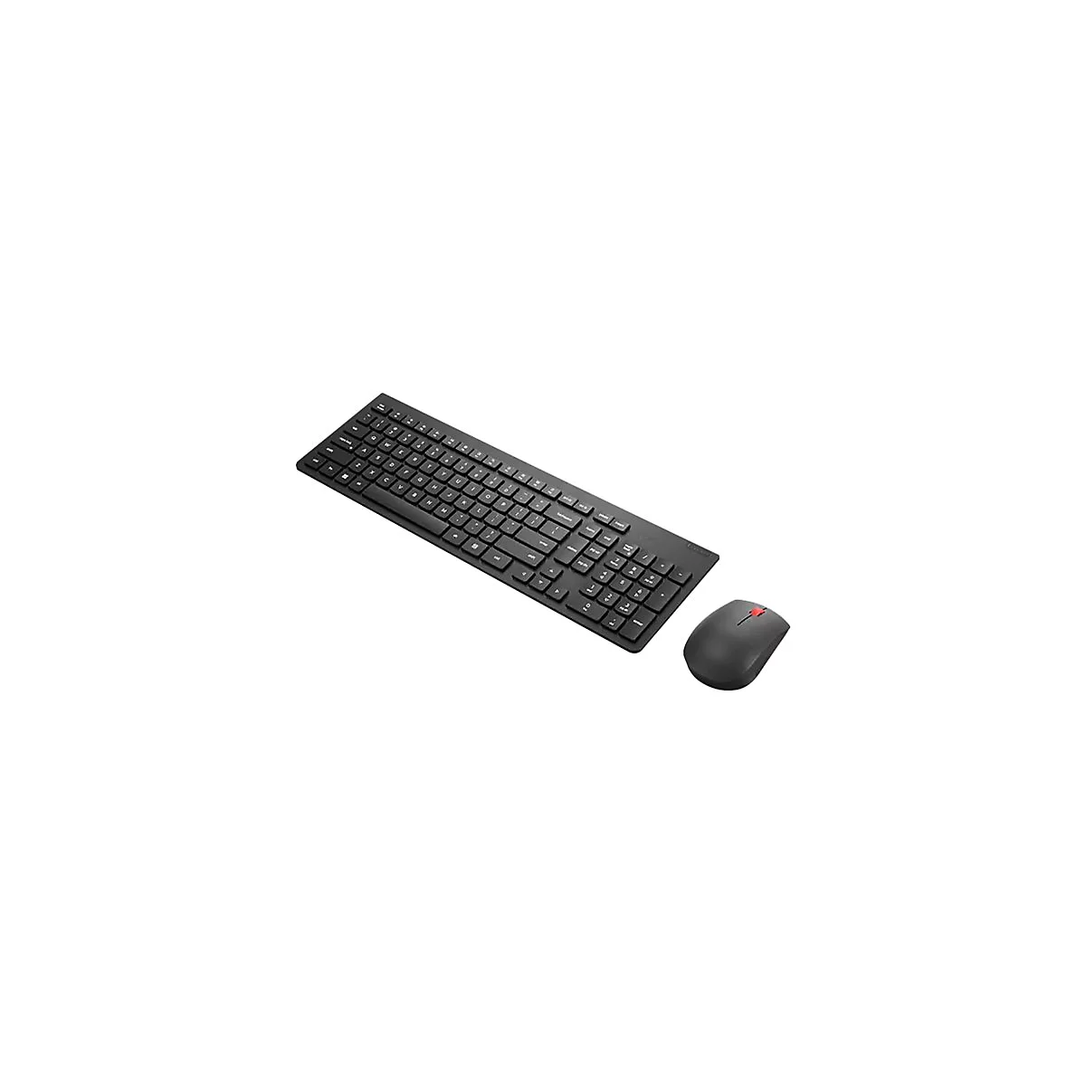 Schwarzes kabelloses Tastatur-Maus-Set auf weißem Hintergrund.