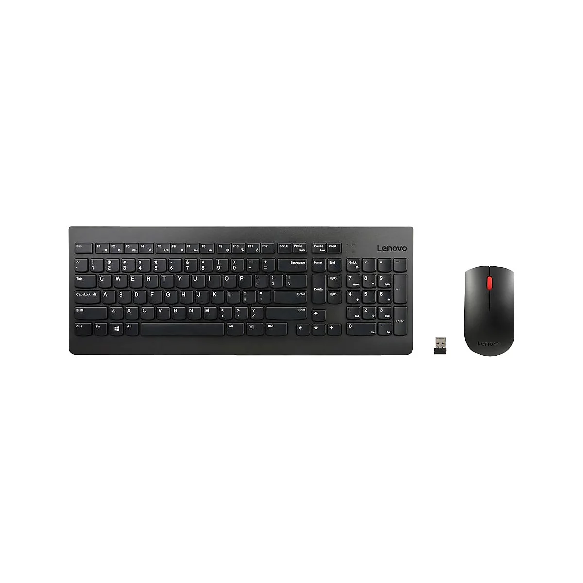 Schwarzes drahtloses Lenovo Tastatur- und Maus-Set mit USB-Empfänger auf weißem Hintergrund.