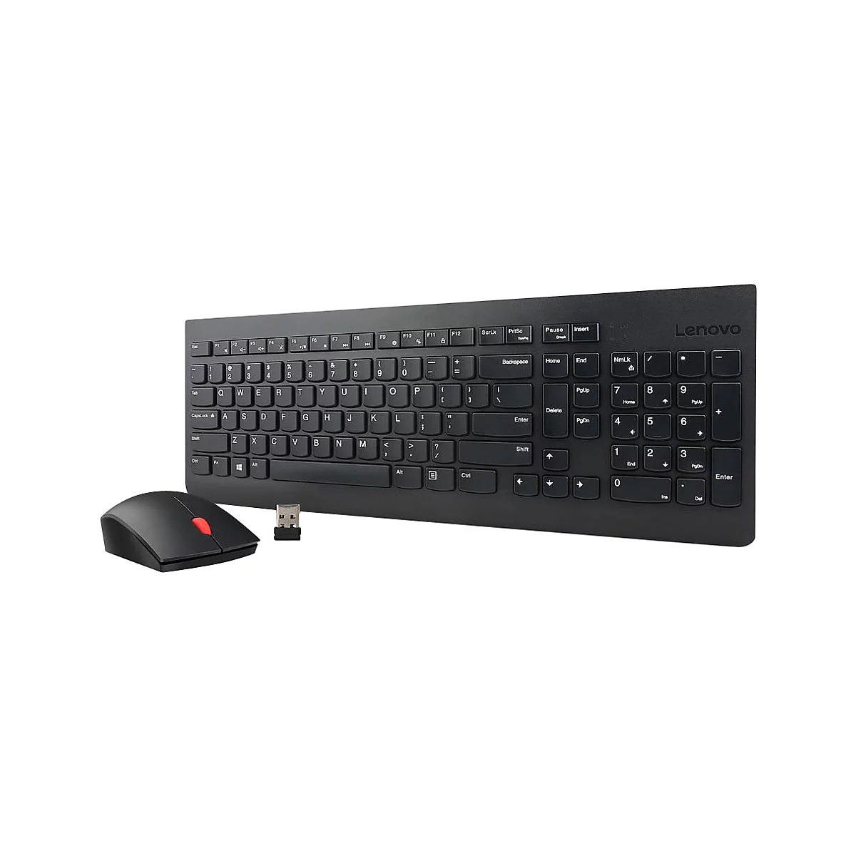Schwarzes Lenovo Funk-Tastatur-Set mit Maus und USB-Empfänger auf weißem Hintergrund.