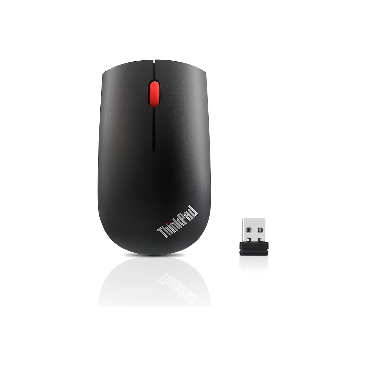 Souris ThinkPad noire avec bouton rouge, à côté d'un récepteur USB ; sur fond blanc.