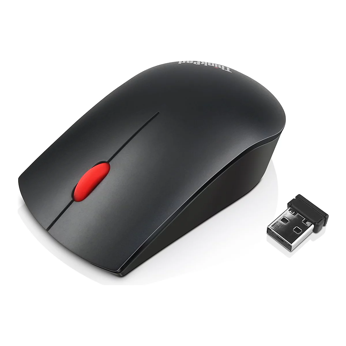 Souris d'ordinateur noire avec bouton de souris rouge et récepteur USB. Inscription 'Thinkpad'.