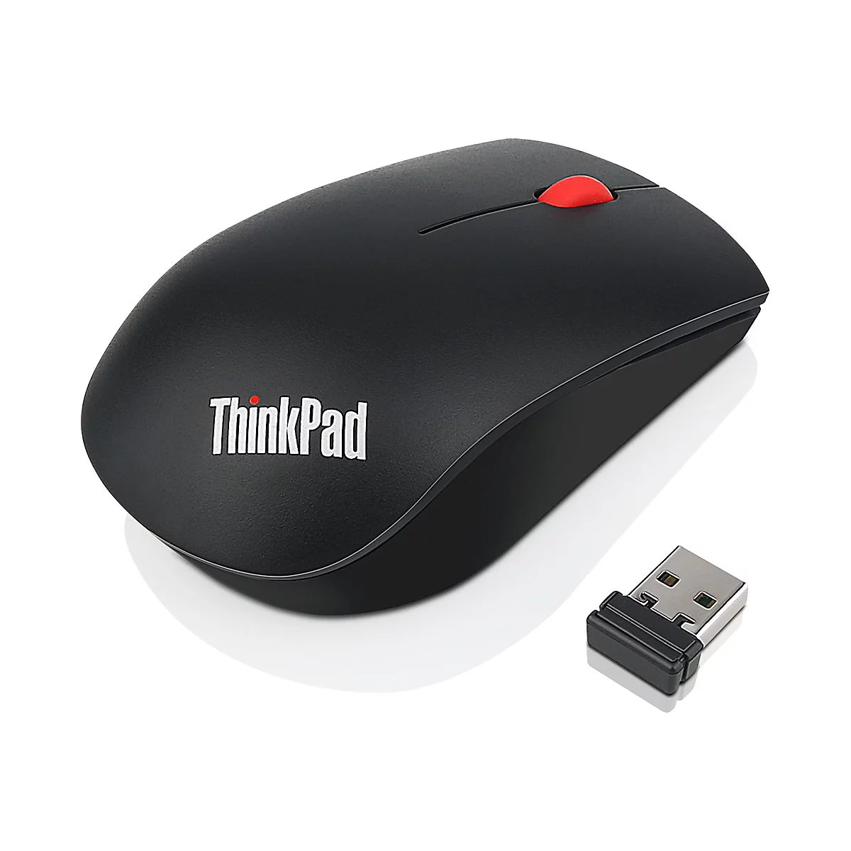 Souris ThinkPad noire avec bouton rouge et récepteur USB sur fond blanc.