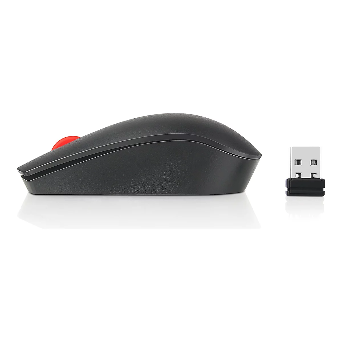 Vue latérale d'une souris noire avec une boule rouge. Droite : récepteur USB.