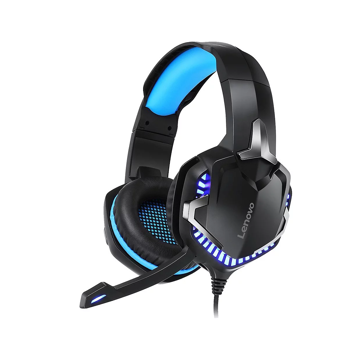 Casque de jeu noir avec des accents bleus illuminés et un microphone. 'Lenovo' est écrit sur l'écouteur.