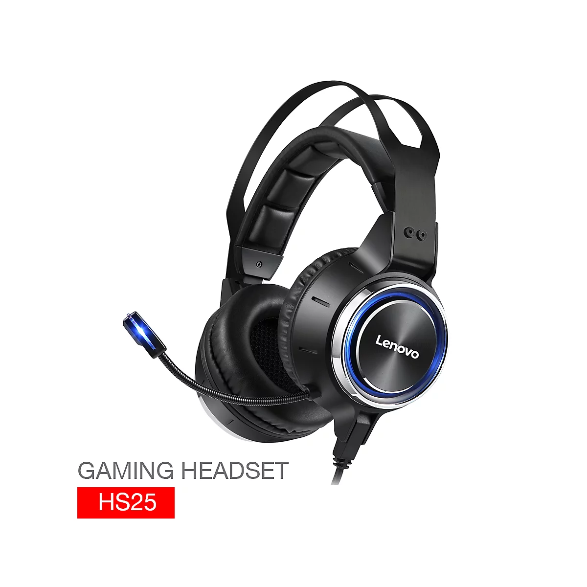 Casque de jeu noir avec anneau éclairé en bleu et microphone, texte : Gaming Headset HS25.