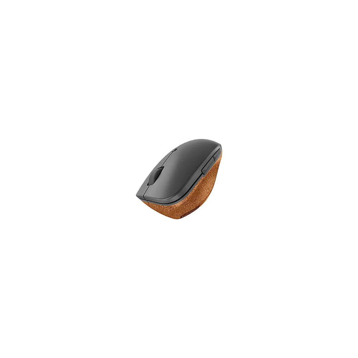 Draufsicht einer ergonomischen PC-Maus mit dunkelgrauer Oberfläche und Unterseite in Kork-Optik.